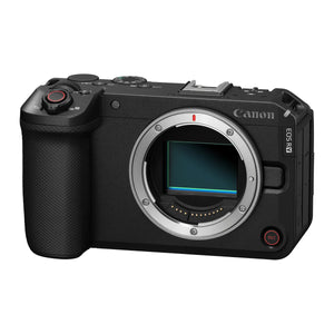 Imagine de produs cu corpul aparatului foto-video mirrorless Canon EOS R6V, de culoare neagră, văzut din față pe fundal alb, cu senzorul expus