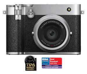 Aparat foto Fujifilm GFX100RF Silver cu obiectiv 35mm f/4, format mediu.