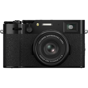 Aparat foto mirrorless Fujifilm X100VI negru, vedere frontală cu obiectiv fix de 23mm și vizor hibrid.