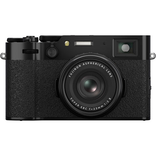 Aparat foto mirrorless Fujifilm X100VI negru, vedere frontală cu obiectiv fix de 23mm și vizor hibrid.
