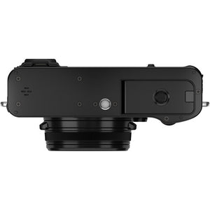 Aparat foto mirrorless Fujifilm X100VI negru cu obiectiv fix de 23mm și vizor hibrid.
