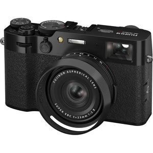 Aparat foto Fujifilm X100VI negru cu obiectiv 23mm f2 și parasolar – oferit de gphoto.ro