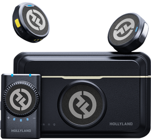 Sistem de microfoane wireless Hollyland Lark M2 Camera Duo, culoare Shine Charcoal, format din două transmițătoare tip buton, receptor și carcasă de încărcare.
