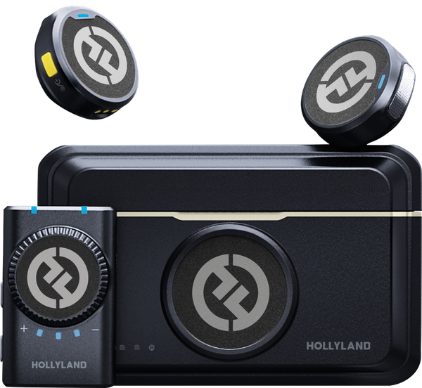 Sistem de microfoane wireless Hollyland Lark M2 Camera Duo, culoare Shine Charcoal, format din două transmițătoare tip buton, receptor și carcasă de încărcare.