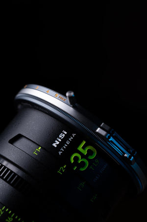 Camera lens with Nisi branding on a black background