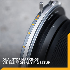 Close-up of a lens with dual stop markings on a blurred background