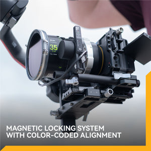 Camera with magnetic locking system and color-coded alignment on a gray background