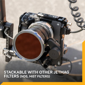 Camera lens with a filter attached, featuring text about stackable filters with Jetmag.