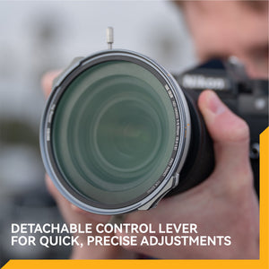 Camera lens with detachable control lever held by a person, with text about quick precise adjustments.