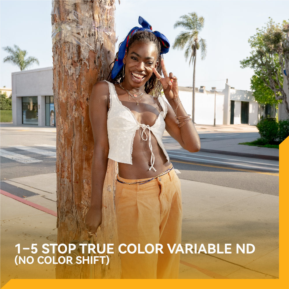 Woman leaning against a tree on a street with text about camera settings.