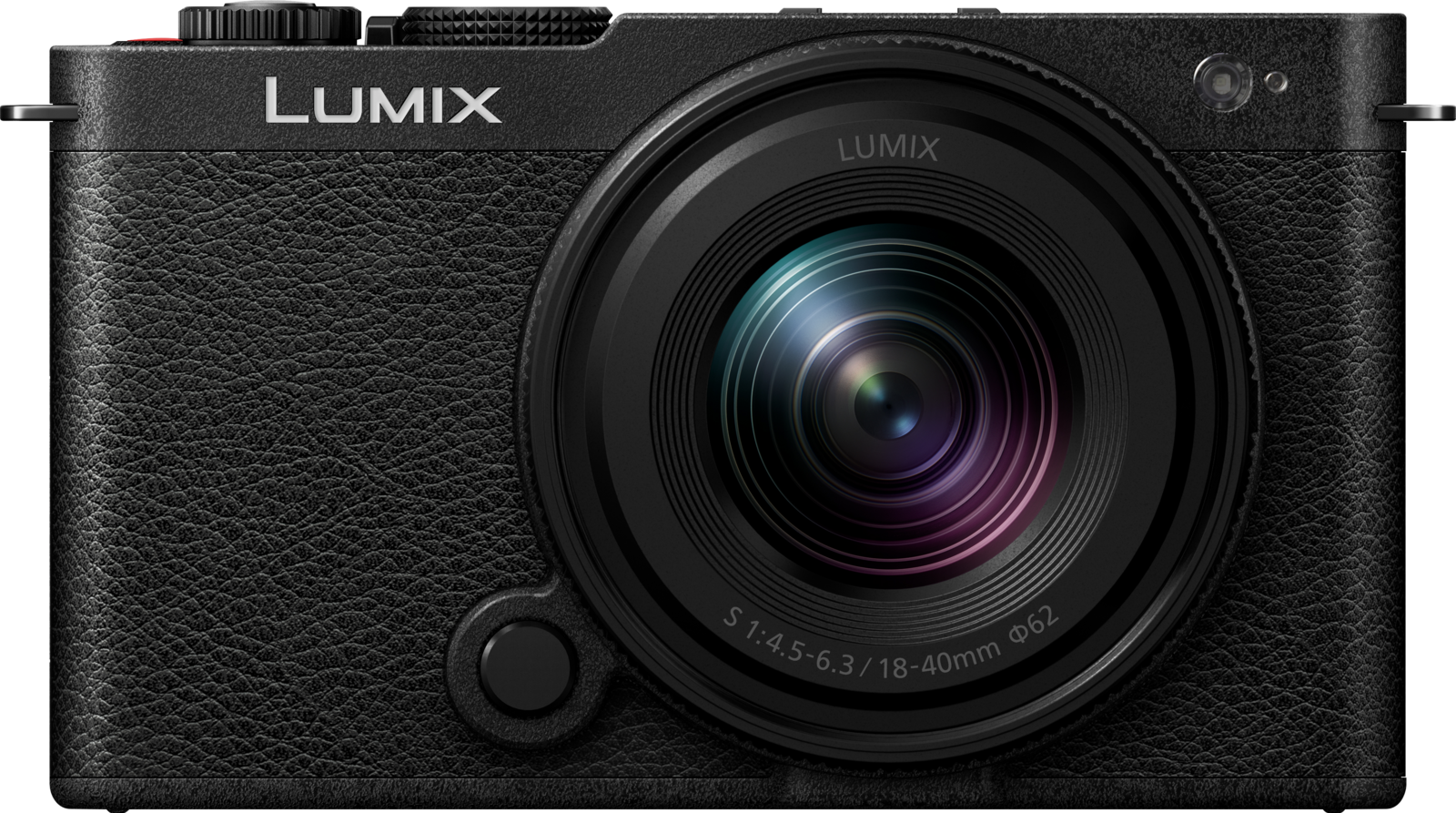 Aparat foto mirrorless full-frame Panasonic LUMIX S9 de culoare neagră, echipat cu obiectivul zoom LUMIX S 18-40mm f/4.5-6.3, văzut din față pe un fundal alb.