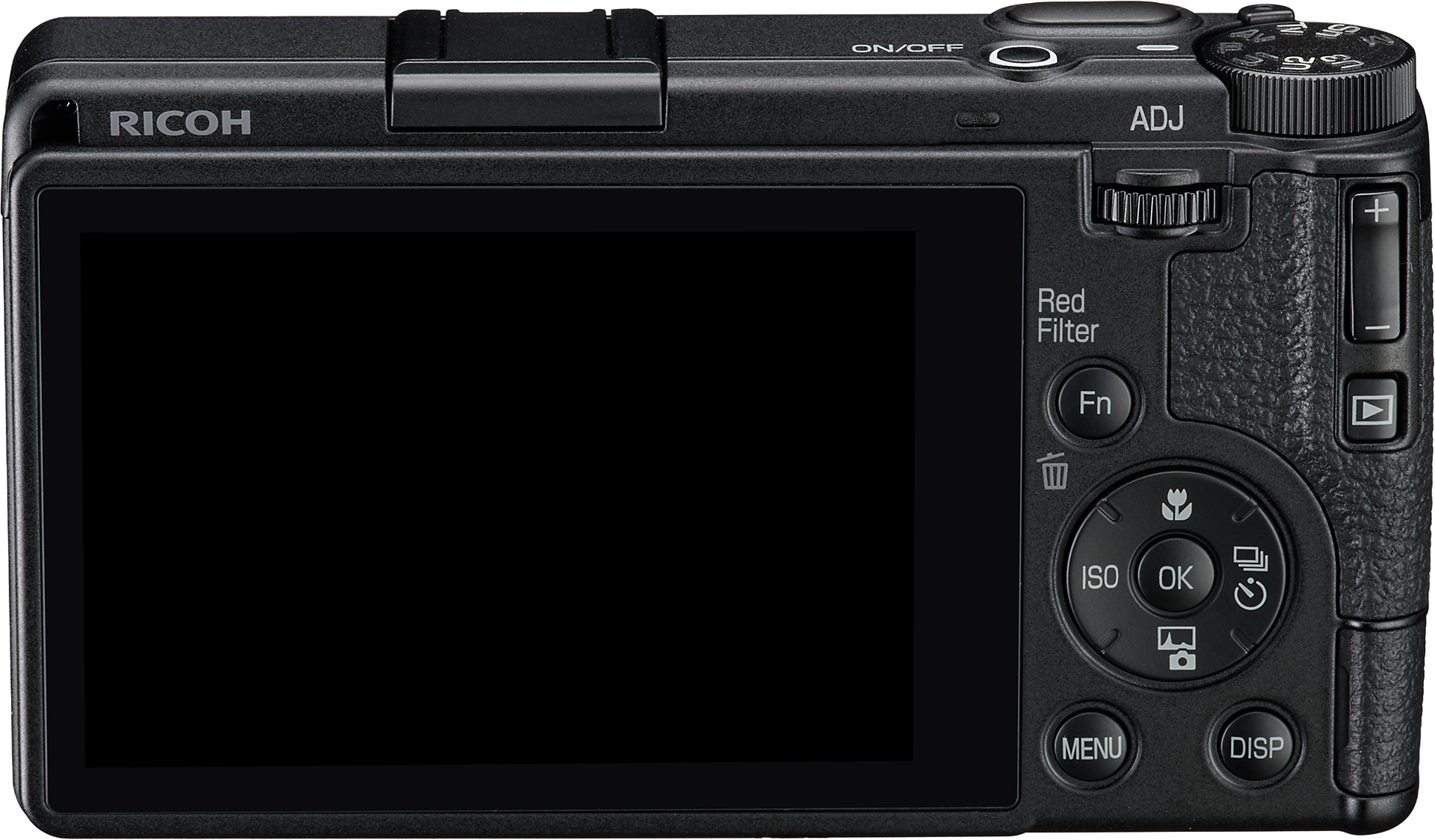 Spatele aparatului Ricoh GR IV Monochrom (PNG), prezentând ecranul LCD, rotița ADJ, selectorul ISO și funcția Red Filter specifică seriei monocrom.