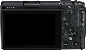 Spatele aparatului Ricoh GR IV Monochrom (PNG), prezentând ecranul LCD, rotița ADJ, selectorul ISO și funcția Red Filter specifică seriei monocrom.