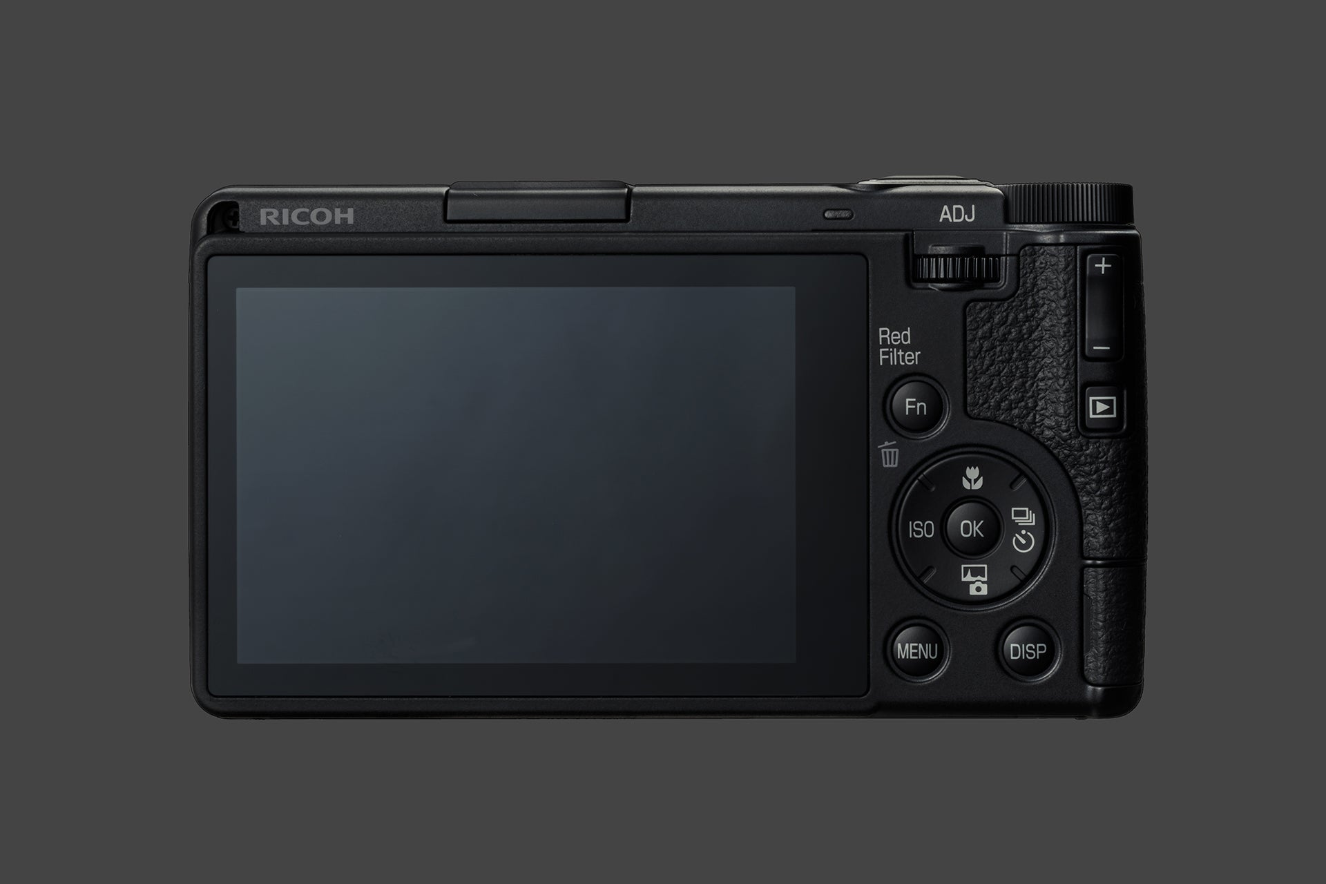 Vedere din spate a aparatului Ricoh GR IV Monochrom, prezentând ecranul LCD generos, rotița ADJ, butonul Fn (funcții) și selectorul pentru filtre (Red Filter).