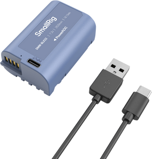 Acumulator albastru SmallRig DMW-BLK22 reîncărcabil prin USB-C, capacitate 2520mAh, livrat cu cablu USB inclus pentru camere Panasonic.