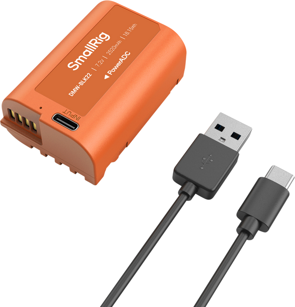 Acumulator portocaliu SmallRig 4906 DMW-BLK22 cu port de încărcare USB-C și cablu inclus, pentru camere Panasonic LUMIX.