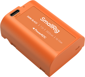 Acumulator portocaliu SmallRig DMW-BLK22 cu mufa de intrare USB-C integrată, capacitate 2520mAh, compatibil cu seria Panasonic LUMIX.