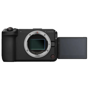 Corp aparat foto mirrorless Canon EOS R6V pe fundal alb, văzut din față cu ecranul LCD rabatabil deschis în lateral și senzorul expus.