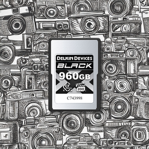 Card de memorie Delkin Devices BLACK CFexpress 4.0 Type A 960GB prezentat pe un fundal artistic cu aparate foto