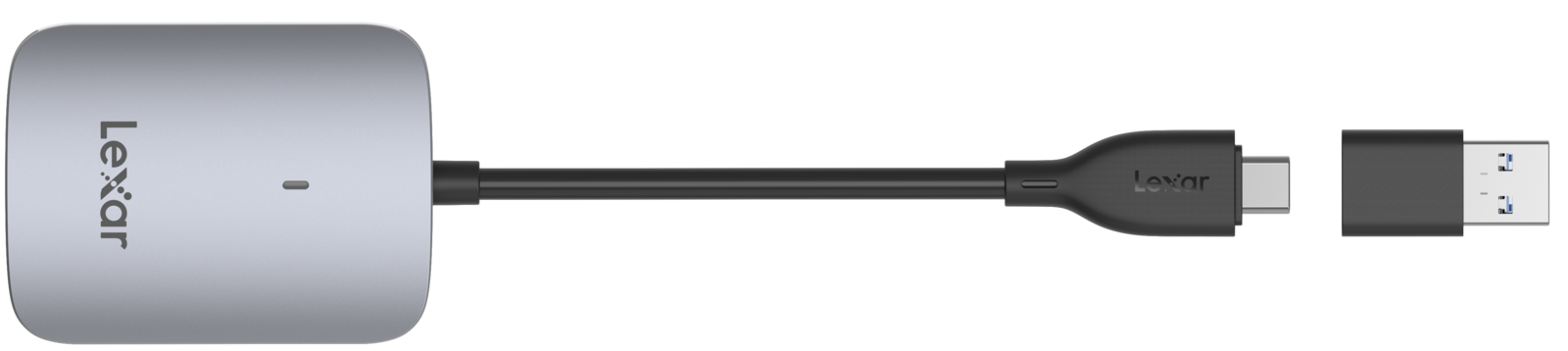 Vedere de sus cititor de carduri Lexar CFexpress Type A LRW515U cu cablu USB-C și adaptor USB-A