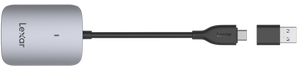 Vedere de sus cititor de carduri Lexar CFexpress Type A LRW515U cu cablu USB-C și adaptor USB-A