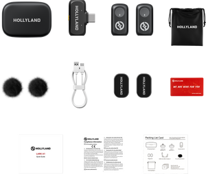 Pachet complet Hollyland Lark A1 Duo USB-C: carcasă, receptor, 2 transmițătoare, protecții vânt, cablu, accesorii magnetice și husă