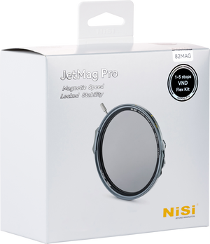 Cutia și ambalajul original pentru kitul de filtre magnetice NiSi JetMag Pro VND Flex Kit 82MAG 1-5 stopuri, pe fundal transparent.