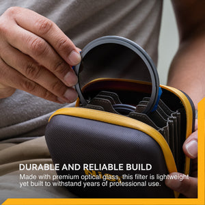 Fotograf scoțând un filtru gradual magnetic NiSi JetMag Pro dintr-o geantă specială de transport galben-gri. Textul infograficului evidențiază construcția durabilă din sticlă optică premium.