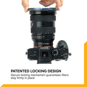 Mână care securizează prin rotație un filtru NiSi JetMag Pro pe un obiectiv super-angular Sony 16-35mm GM II montat pe aparat. Textul explică mecanismul de blocare patentat ce garantează fixarea fermă a filtrului.