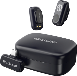 Sistem microfon wireless Hollyland Lark A1 Duo cu receptor USB-C, două transmițătoare și carcasă de încărcare neagră