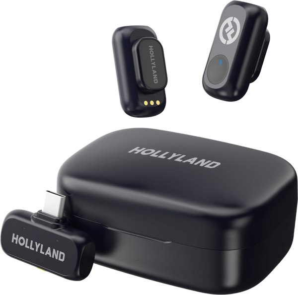 Sistem microfon wireless Hollyland Lark A1 Duo cu receptor USB-C, două transmițătoare și carcasă de încărcare neagră