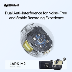 Infografic Hollyland Lark M2 prezentând tehnologia Dual Anti-Interference pentru o înregistrare audio stabilă și fără zgomot de fond, cu detaliu al circuitelor interne ale microfonului.