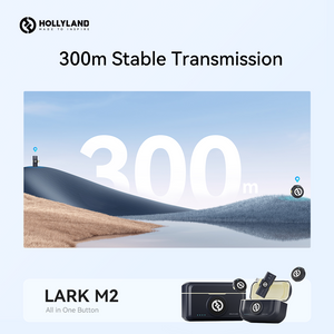 Infografic Hollyland Lark M2 demonstrând raza de transmisie stabilă de până la 300 metri în câmp deschis, ideal pentru filmări la distanță mare.