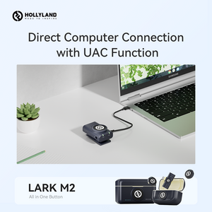 Receptor Hollyland Lark M2 conectat direct la un laptop prin funcția UAC (USB Audio Class), permițând înregistrarea audio de înaltă calitate fără placă de sunet externă.