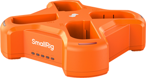 Vedere frontală încărcător SmallRig 4838 portocaliu cu indicatori LED și logo, pentru 4 acumulatori Canon