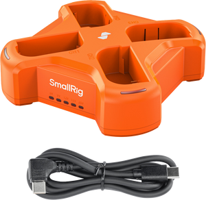 Incarcător portocaliu SmallRig 4838 cu 4 canale pentru acumulatori LP-E6NH și cablu USB-C inclus