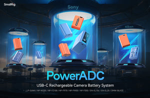 Advertisement for PowerADC USB-C rechargeable camera battery system with various battery types displayed.