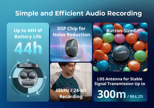 Product advertisement for audio recording device with features like battery life, noise reduction, and antenna transmission.