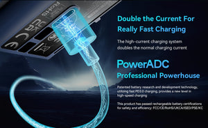 Power cable with charging technology text on a dark background
