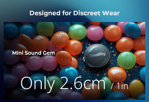 Small black round device labeled 'SmallRig' surrounded by colorful candies on a dark background with text about its size and purpose.