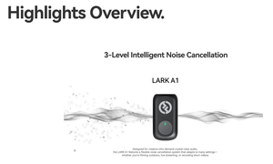 LARK A1 noise cancellation device with sound wave graphics on a white background