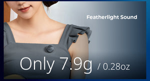 Woman wearing a gray dress with 'Featherlight Sound' text and weight information on a blue background
