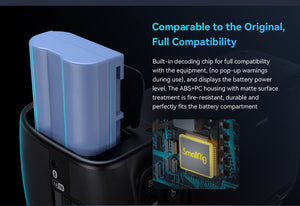 Battery pack with decoding chip and text about compatibility and features on a dark background