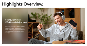 Person wearing headphones and holding a smartphone with text on audio features.