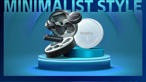 Camera accessories on a blue platform with 'SmallRig' branding against a blue gradient background.