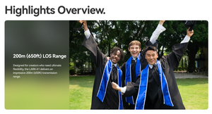 Three graduates in caps and gowns celebrating outdoors with text about LOS range.