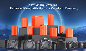 Collection of electronic devices including cameras and batteries against a mountainous landscape background.