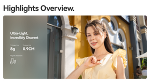 Woman holding a product with text about weight and size next to her.