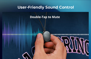 Hand holding a small round device with sound wave graphics and text on a blue background