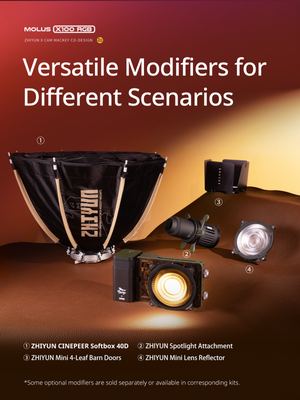 ZHIYUN photography modifiers on a brown background with text about versatility.